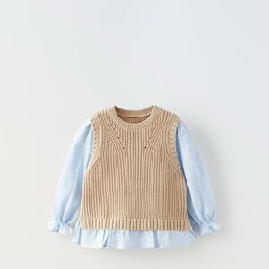 Zara Tan Knit Sweater with Blue Striped Sleeves